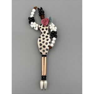 Girl Body Female Form Statement Brooch‎ Pin Beaded Rose Black White Pink 6" rare
